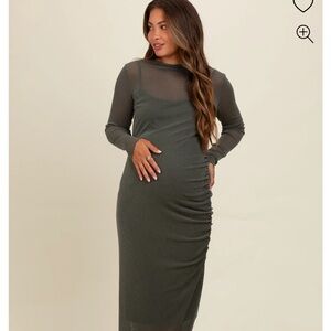 Pinkblush Olive Shimmer Mesh Long Sleeve Ruched Maternity Midi Dress